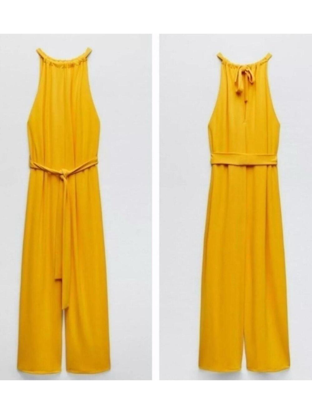 ZARA Woman’s Wide Leg Loose Flowy Belted Jumpsuit Mustard Yellow Sz Small EUC